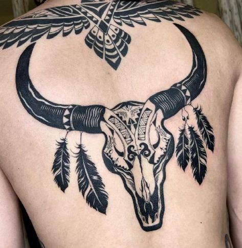 Thunderbird and Bull skull with feathers Skull Chest Tattoo, Bull Skull Tattoo, Skull Tattoo Ideas, Pirate Skull Tattoos, Buffalo Tattoo, Deer Skull Tattoos, Bull Skull Tattoos, Skull Hand Tattoo, Bull Tattoos