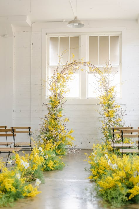 Spring Arbor Wedding, Spring Flower Arch, Floral Wedding Arch, White Wedding Arch, Wedding Arch Ideas, California Wildflowers, Floral Arches, Yellow Wedding Flowers, Wedding Entrance Decor