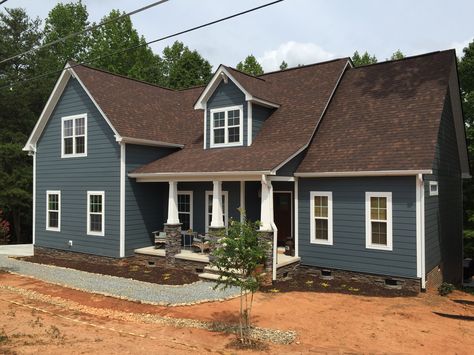 Blue craftsman home, James Hardie Evening Blue, brown roof, ledgestone, pea gravel walkway Brown Metal Roof, Blue Siding House, House With Brown Roof, Brown Roof Houses, Siding House, Home Art Studios, Brown Roofs, Blue Siding, Bed 3d