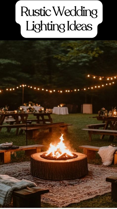 beautiful rustic wedding lighting Twinkle Lights Wedding Reception, Wedding Fire Pit, Rustic Wedding Lighting, Wedding Lighting Ideas, Wedding Reception Lighting, Outdoor Celebration, Wedding Lighting, Tent Lighting, Rustic Lighting