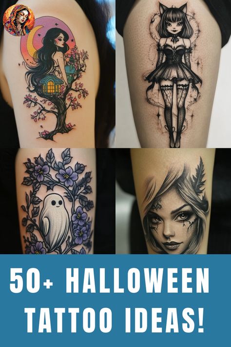 Discover 50+ Halloween Tattoo Designs! Explore spooky tattoo ideas for women, from small Halloween tattoos to intricate designs. Find the perfect eerie inspiration for your next ink this season. Halloween Hand Tattoos For Women, Feminine Halloween Tattoos, Spooky Thigh Tattoos Women, Halloween Sleeve Tattoo For Women, Spooky Tattoo Ideas, Small Halloween Tattoos, Halloween Tattoo Designs, Halloween Tattoo Ideas, Birthday Tattoo