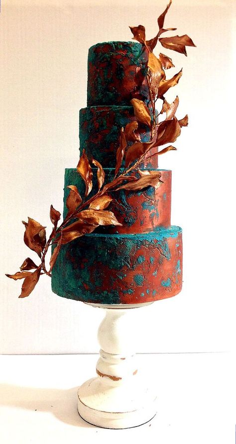 Copper Bridesmaid Dresses, Teal And Copper, Metallic Cake, Pretty Wedding Cakes, Luxury Wedding Cake, Aged Copper, Copper Wedding, Tiered Cake, Gateaux Cake