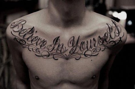 Choosing the right font style for your script tattoo as a man can be quite an uphill task. Whether you want a flashy design or a simple minimalistic look, you will be spoilt for choice… #tattoosformen Believe In Yourself Tattoo, Chest Tattoo Lettering, Yourself Tattoo, Tattoo Font Styles, Best Tattoo Fonts, Gang Tattoos, Back Tattoos For Guys, Geniale Tattoos, Tattoo Font