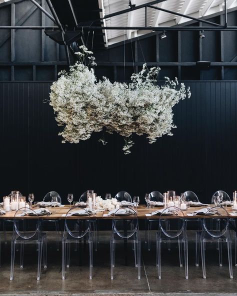 The Refinery, Unique Wedding Flowers, Flower Installation, Long Table, Wedding Mood, Place Settings, Wedding Trends, Wood Table, Unique Weddings