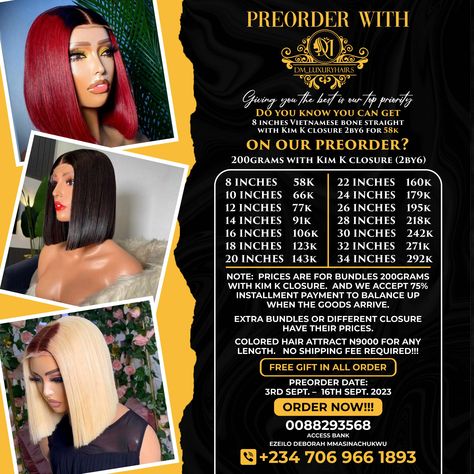 A PREORDER PRICE LIST FLYER DESIGN FOR LUXURY HAIR Preorder Flyer Design, Preorder Posts Design, Wallpaper Nature, Sale Flyer, Kim K, Logo Mockup, Luxury Hair, Post Ideas, Post Design