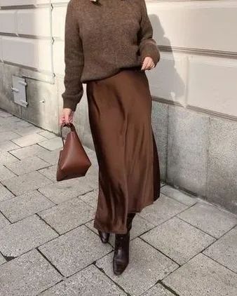 Old Money Winter Outfits, Scarf Jacket Old Money Winter Outfits, slip skirt outfits Winter Slip Skirt, Slip Skirt Sweater Outfit, Brown Slip Skirt Outfit, Brown Silk Skirt Outfit, Satin Skirt Winter Outfit, Brown Satin Skirt Outfit, Brown Midi Skirt Outfit, Slip Skirt Outfit Fall, Satin Skirt Brown