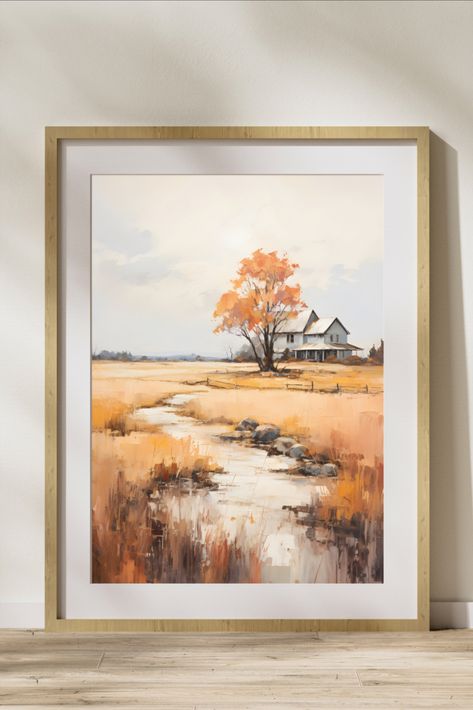 Shown in the pin is my artwork titled "Autumn Scenery". The pin uses acrylic paint as a medium, and depicts a farmhouse adjacent to a calm stream of water. The landscape takes place during the Fall months, revealed by the warm oranges of the grass and trees. Fall Acrylic Painting, Minimalist Acrylic Painting, Acrylic Painting Landscape, Fall Acrylic, Landscape Art Prints, Warm Tone, Artwork For Home, Autumn Scenery, Landscape Scenery