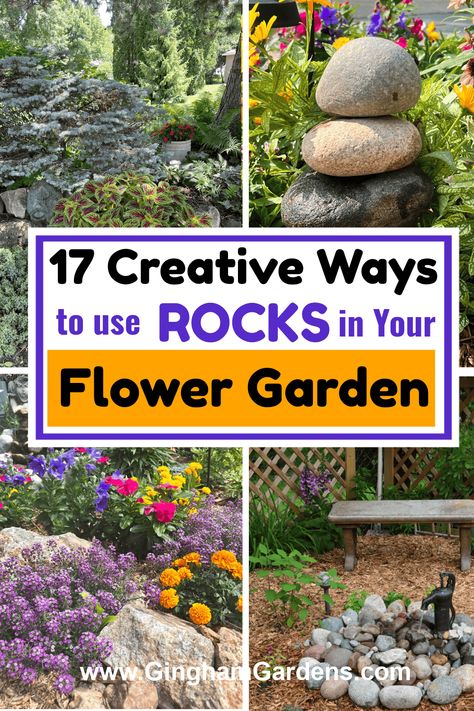 Add some character and charm to your flower gardens with these ideas for using rocks in your gardens. Include some DIY rock painting ideas too. Decorating With Rocks In The Garden, Flower Bed Ornaments, Rocked Flower Bed, Flower Rock Garden Ideas, Rock And Flower Garden Ideas, Flowers For Rock Garden, Large Rocks In Landscaping Flower Beds, Flower Garden With Rocks, Rock In Flower Bed Landscaping