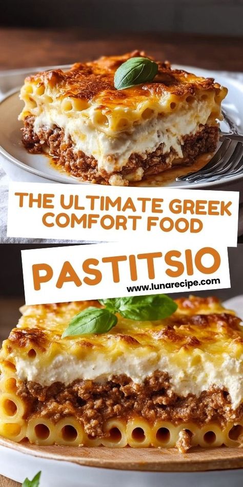 Pastitsio Ingredients: 1 pound dry ziti pasta 1 tablespoon olive oil 1 large onion, chopped 2 cloves garlic, minced 1 1/2 pounds lean ground beef 1/4 teaspoon ground cinnamon 1/4 teaspoon ground nutmeg 1/4 teaspoon ground allspice 1 (15-ounce) can tomato sauce 1 (6-ounce) can tomato paste 1/2 cup red wine 2 eggs, beaten 1 cup grated Parmesan cheese, divided 1/2 cup butter 1/2 cup all-purpose flour 3 cups milk Salt and pepper to taste #Pastitsio #ComfortFood Pastitsio Recipe, Greek Pastitsio, Greek Lasagna, Dinner Pies, Greek Recipes Authentic, Greek Dinners, Ziti Pasta, Greek Pasta, Dinner With Ground Beef