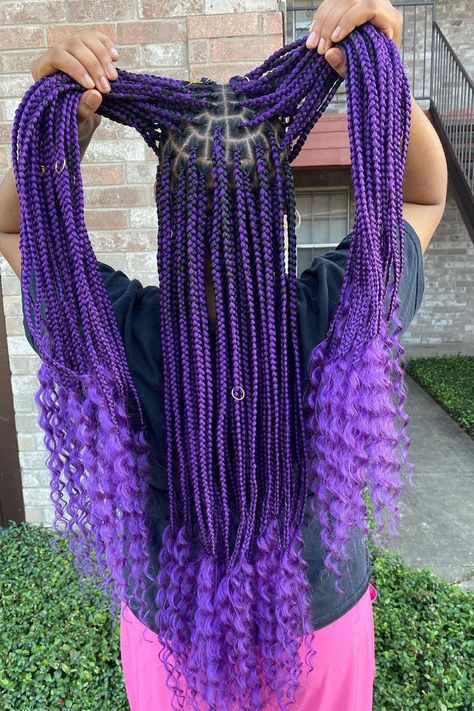 Black And Purple Goddess Braids, Purple Braid Hairstyles, Purple Braids Hairstyles, Braids With Curls Styles, Purple And Black Box Braids, Black And Purple Braids, Purple Hair Braids, Braids With Purple, Lavender Braids