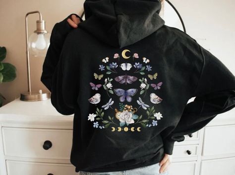 Mystical BUTTERFLIES & MOTH Cottagecore Scandinavian Full Zip Up Hoodie, Floral Butterfly Fairycore Jacket, Back Design Botanical Hoodie by FancyMeDressUp on Etsy Cottagecore Scandinavian, Fairycore Jacket, Jacket Back Design, Cute Hoodies Aesthetic, Witchy Clothes, Full Zip Up Hoodie, Hoodies Aesthetic, Aesthetic Cottagecore, Floral Butterfly