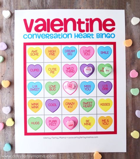 Free Printable Valentine Conversation Heart Bingo at artsyfartsymama.com Heart Bingo, Valentines Class Party, Pinterest Valentines, Valentine Bingo, Roses Valentine, Valentines Games, Valentine's Day Games, Valentine's Day Printables, Conversation Heart