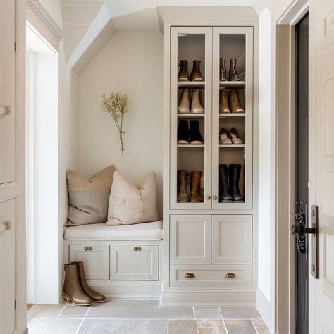 Entryway Closet And Bench, Small Entryway Built In Bench, Entryway Closet Storage, Small Entry Way Built In Ideas, Foyer With Built Ins, Entry With Shoe Storage, Entryway Ideas Front Door, Shoe Nook Entryway, Built In Cabinets With Bench