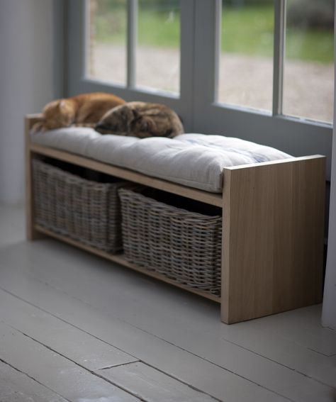 This elegant, versatile storage bench with rattan baskets doubles up as occasional seating. Dog Window Seat, Oak Storage Bench, Storage Bench With Baskets, Hallway Storage Bench, Wooden Storage Bench, Storage Bench With Cushion, Wooden Dog Kennels, Dog Window, Window Bench