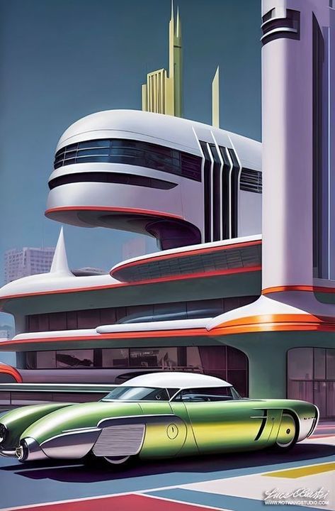 70s Science Fiction Art, Futuristic Art Deco Architecture, 1950s Retro Futurism, Retro Futurism Car, Futurism Building, Atompunk City, 70s Sci Fi Art Retro Futurism, Atompunk Aesthetic, 50s Futurism