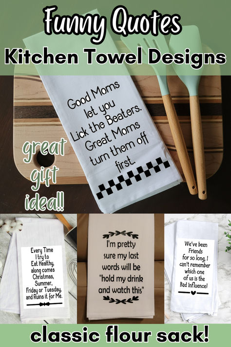 Get someone the perfect gift with these classic flour sack cloth towels hand painted and heat sealed with quotes that are too funny not to share! Available in 6 different designs, on white flour sack kitchen towels, for display or general use. These kitchen towel designs are great gift ideas for anyone who uses the kitchen, or likes to decorate with fun and unusual items. Click the link to visit my Etsy shop for details! Flour Sack Towels Crafts, Quotes Kitchen, Gift Ideas For Anyone, Tea Towels Diy, Crayon Crafts, Diy Towels, Flour Sack Kitchen Towels, Kitchen Quotes, Towel Decor