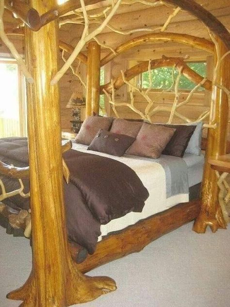 Branch Bed Frame, Natural Wood Bed Frame, Log Canopy Bed, Canopy Bed Ideas, Natural Wood Bed, Wood Canopy Bed, Bedroom Inspirations Master, Wood Canopy, Canopy Bed Frame