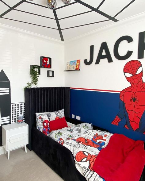 Jacks Super Spidey Bedroom REVEAL 🕷🕸♥️ . This has been a labour of love from hand drawing spidey, to painting, correcting mistakes… | Instagram Spidey And His Amazing Friends Bedroom, Spidey Bedroom Ideas, Neutral Spiderman Bedroom, Spidey Bedroom, Spiderman Bedroom Ideas, Twin Toddler Bedroom, Spider Man Bedroom Ideas, Spider Man Room, Spiderman Room Ideas