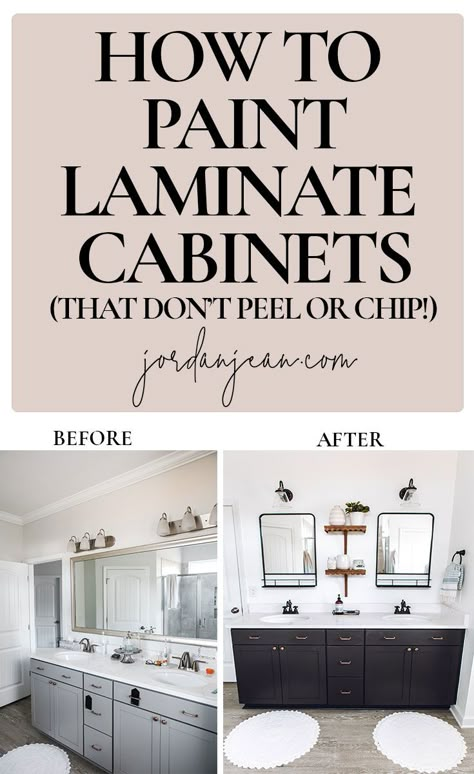 Paint Laminate Bathroom Vanity, Painting Vinyl Cabinets, Painting Formica Cabinets, How To Paint Laminate Cabinets, Paint Laminate Cabinets, Painting Laminate Kitchen Cabinets, Construction Hacks, Formica Cabinets, Painting Laminate Cabinets