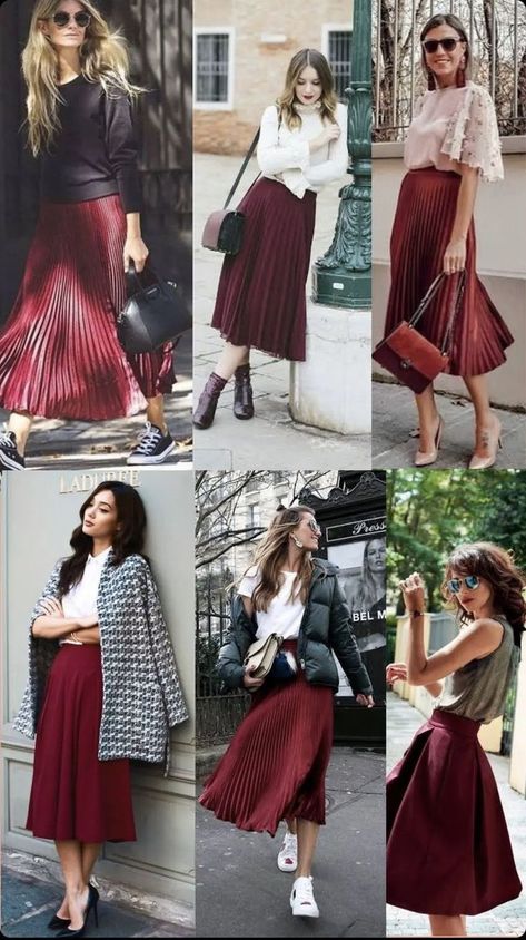 Burgundy Skirt Outfit Summer, Burgundy Skirt Outfit Ideas, Burgundy Maxi Skirt Outfit, Wine Skirt Outfit, Red Pleated Skirt Outfit, Maroon Skirt Outfit, Burgundy Skirt Outfit, Burgundy Midi Skirt, Outfits For Short Women