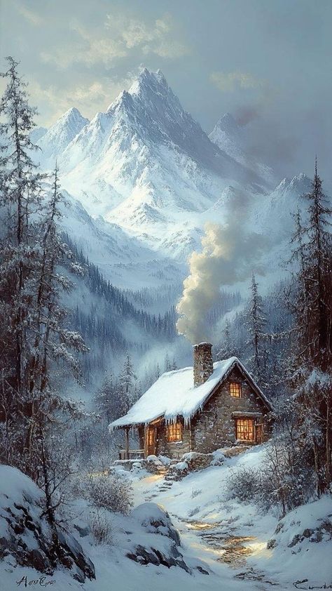 Woods Wallpaper Aesthetic, Winter Village Aesthetic, Snow Cabin Aesthetic, Wallpaper Snow Winter, Cozy Winter Aesthetic Wallpaper, Snow Wallpaper Aesthetic, Winter Village Painting, Winter Cabin In The Woods, Winter Cabin Aesthetic