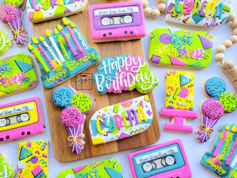 Sugar Cookie Royal Icing, Neon Birthday, 80s Prom, Adult Birthday Cakes, 1st Birthday Party Themes, Sugar Cookie Designs, Happy Birthday Fun, Fancy Cookies, Creative Cookies