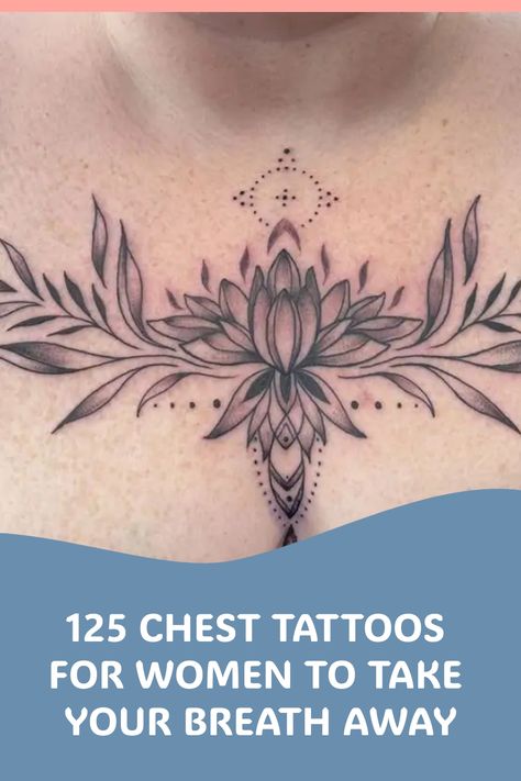 Experience the awe-inspiring beauty of chest tattoos for women! Delve into a world where art meets expression, with intricate designs and meaningful symbols adorning the chest. From delicate florals to bold statements, let these tattoos take your breath away and inspire your inner artist. Explore the limitless possibilities of self-expression on this captivating canvas. Ladies Chest Tattoo Ideas, Center Of Chest Tattoo Female, Female Chest Tattoo Ideas Middle, Watercolor Chest Tattoo, Breast Tattoos For Women Chest Piece, Women’s Chest Tattoo, Feminine Chest Tattoo For Women, Womens Chest Tattoo Ideas, Cleavage Tattoos For Women