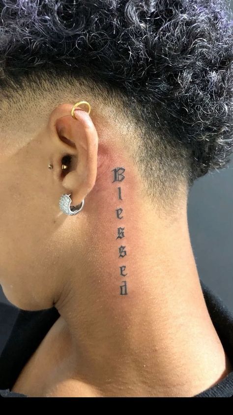 Drip Tattoo, Back Of Neck Tattoo Men, Name Tattoo On Hand, Blessed Tattoo, Blessed Tattoos, Scripture Tattoos, Small Neck Tattoos, Side Neck Tattoo, Neck Tattoos Women