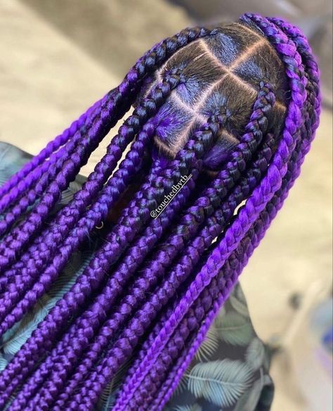 Blue Jumbo Knotless Braids, Blue And Purple Knotless Braids, Purple Knotless Braids, Purple Knotless, Big Braid Styles, Pink Box Braids, Purple Box Braids, Triangle Braids, Jasmine Hair