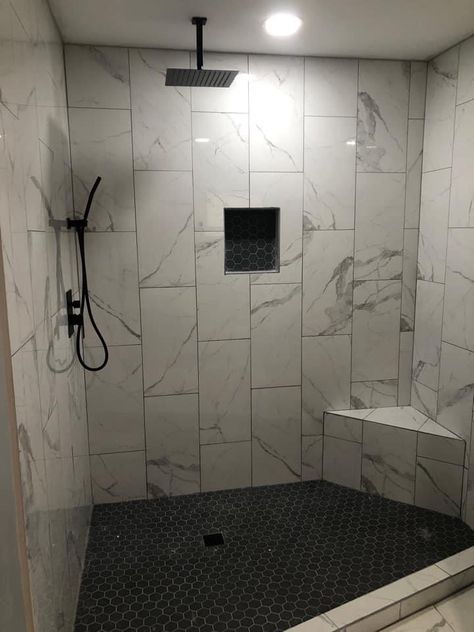 Dark Grout Shower Floor, Black Floor Shower Ideas, Showers With Black Floor, Gray Grout Bathroom, Big Tiles Bathroom, Dark Tile Shower Ideas, Large Tile Shower, Master Bath Shower Tile, Master Shower Tile