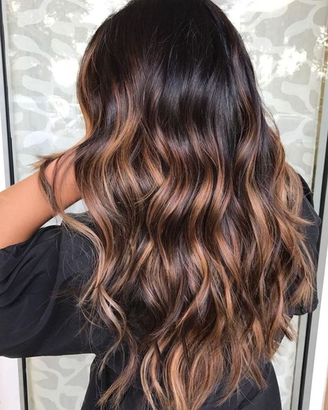 Long Brown Layers with Butterscotch Balayage Dark Brown Hair With Caramel Highlights, Dark Brunette Balayage Hair, Dark Brunette Balayage, Deep Brown Hair, Brown Hair With Caramel Highlights, Chocolate Brown Hair Color, Hair Color Chocolate, Brown Ombre Hair, Hair Color Burgundy