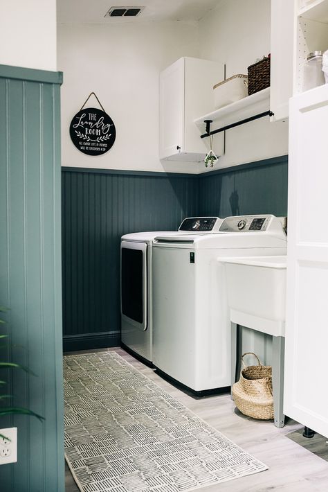 Mudroom/Laundry Room | Crazy Life with Littles - DIY & Home Decor Laundry Room Batten Board, Board And Batten Laundry Room Ideas, Board And Batten With Beadboard, Bead Board Walls Hallway, Bead Board Laundry Room Walls, Bead Board Laundry, Farmhouse Beadboard Walls, Painted Beadboard Bathroom, Laundry Room Beadboard Walls