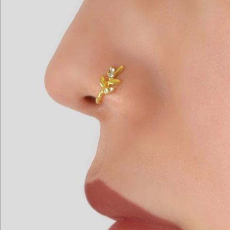 Gold Plated Crystal Leaf Nose Ring No Piercing Needed Brand New! Cute Hoop Nose Rings, Festive Elegant Gold Nose Rings, Elegant Gold Nose Rings For Festive Occasions, Cute Nose Jewelry, Nose Ring Stud Leaf, Nose Ring Stud Gold, Rich Baddie, Nickel-free Gold Metal Nose Rings, Gold Flower Nose Stud