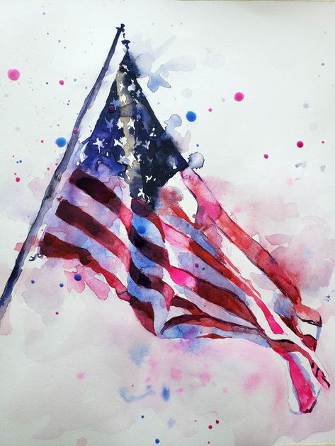 Patriotic Watercolor, Flag Watercolor, Rachel Parker, July Images, Watercolor Holiday, American Flag Art, Flag Painting, Art Time, Canvas Paint