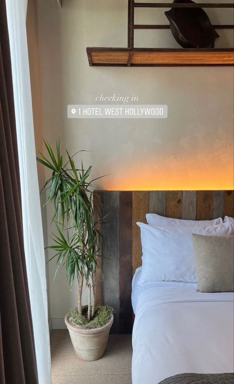 A picture of a hotel room with a bed that has white sheets and a tall plant in a pot. Vision Board Pictures Airbnb, One Hotel West Hollywood, Staycation Picture Ideas, Honeymoon Story Ideas, Hotel Ig Story Aesthetic, Hotel Stories Instagram, Hotel Pics Ideas, Staycation Photo Ideas, Honeymoon Instagram Story