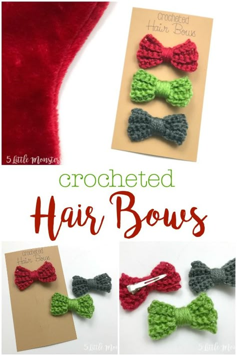 Crochet Bow Pattern, Crochet Craft Fair, Crocheted Hair, Crochet Hair Bows, Crochet Hair Clips, Crochet Bows, Crochet Hair Accessories, Christmas Hair Bows, Crochet Diy