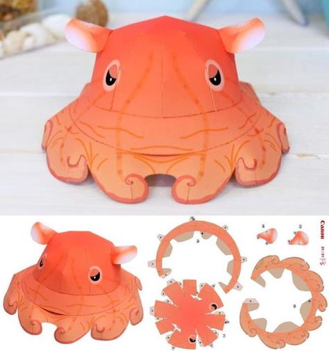 PAPERMAU: Umbrella Octopus Miniature Paper Model - by Ayumu Saito & C. Pocket Paper Craft Model, Octopus Paper Craft, 3d Paper Crafts Templates, Miniature Paper Crafts, Umbrella Octopus, Paper Craft Animals, Paper Fish Craft, 3d Paper Animals, Paper Octopus