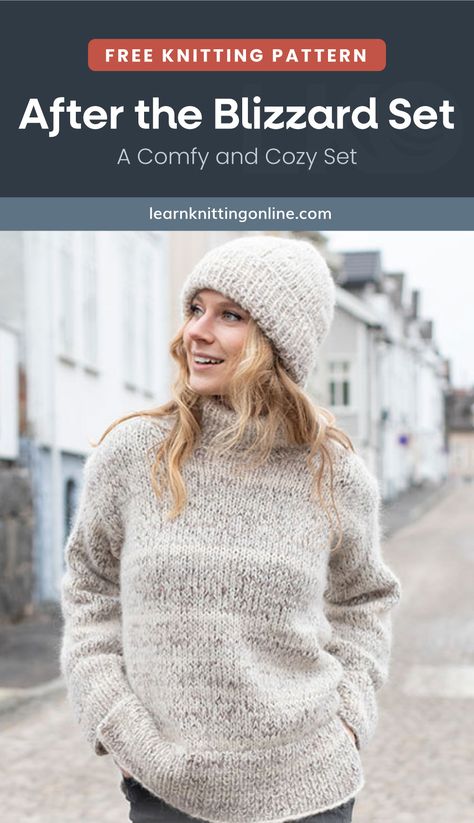 Complete your snowboarding or skiing look with this After the Blizzard Knit Set. This toasty sweater and hat set is a fantastic addition to your winter wardrobe. Plus, it makes for a delightful holiday gift idea, too! | More free knitting patterns and tutorials at learnknittingonline.com Knit Pattern Free, First Rain, Knitting Space, Winter Knitting Patterns, Fall Knitting Patterns, Free Knitting Patterns For Women, Knitting Hacks, Fall Knitting, Knitting Paterns