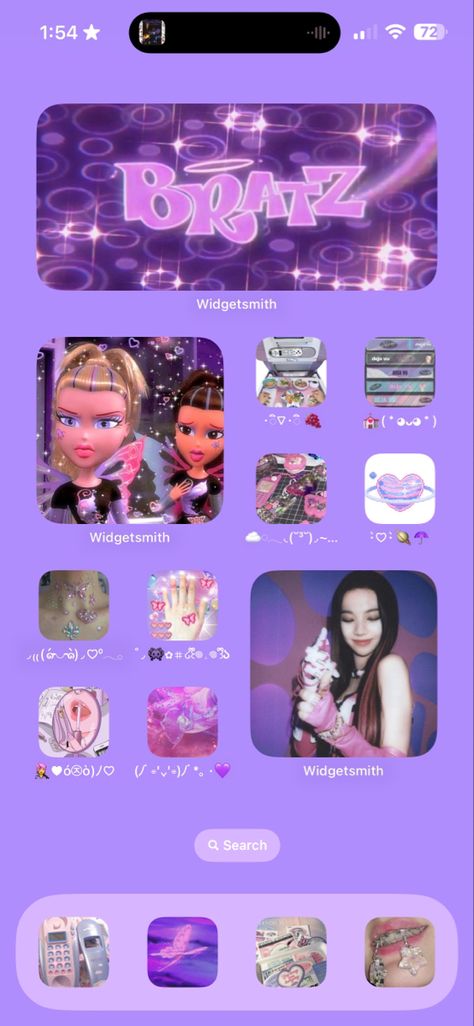 Bratz Phone Theme, Bratz Homescreen, Coquette Colors, Ios16 Aesthetic, Purple Phone Theme, Purple Moodboard, Kpop Coquette, Ipad Layout, Home Screen Inspo