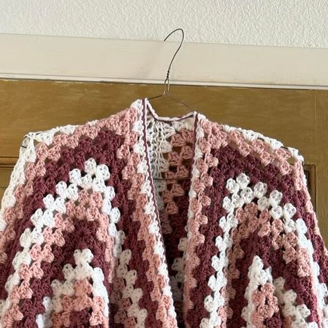 Reselling Denver on Instagram: "Handmade crochet cardigan. Hexagon cardigan style. Pink, purple, and white. Oversized and cozy. I’m 5’6” and this could fit sizes small-large but is on the larger size. Cottagecore vibes! $90+ ship #resellingdenver #rstewartcrochet" Hexagon Cardigan, Cottagecore Vibes, Crochet Hexagon, Cardigan Style, Style Pink, Cardigan Fashion, Purple And White, Crochet Cardigan, Handmade Crochet