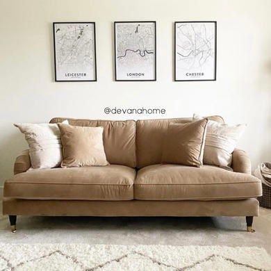 Neutral and Versatile: Beige sofas have a neutral color that blends well with various color schemes, making them versatile and easy to integrate into different living room designs. They often have a warm, soft, and inviting appearance. Subtle Elegance: Beige sofas can exude an understated elegance that adds sophistication to a living room. Their muted tone creates a refined and polished look without being overly flashy. Timeless and Classic: Beige is a timeless color choice for sofas. It has a Neutral Sofas, Beige Velvet Sofa, Beige Sofas, Neutral Sofa, Beige Room, Cottage Exteriors, Mid Century Modern Sofa, Sofa Sofa, Beige Sofa