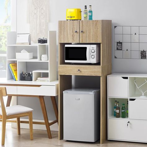 Latitude Run Aisyah 64" H x 23" W Wooden Supreme Mini Fridge Organizer Shelving Unit | Wayfair Microwave Area Small Spaces, Mini Fridge And Microwave Stand, Mini Fridge Cabinet For Outside, Mini Refrigerator Rack, Mini Fridge Microwave Stand, Mini Fridge Microwave Cabinet, Mini Fridge Cabinet Dorm, Mini Fridge And Microwave Cabinet, Dorm Refrigerator Cabinet