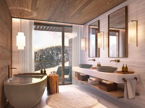 bathroom ski Ski Chalet Bathroom, Ski House Bathroom, Barbie Hotel, Resort Bathroom, Hotel Bathroom Design, Crans Montana, Basement Redo, Suite Design, Six Senses