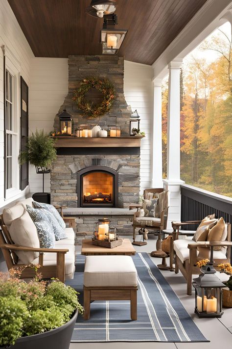 Transform Your Outdoor Porch with Farmhouse Electric Fireplace Ideas for Year-Round Warmth Back Porch Ideas Covered With Fireplace, Porch Fireplace Ideas Farmhouse, Fireplace On Porch Outdoor, Screened In Back Porch With Fireplace, Screen Porch Fireplace, Sunroom Ideas With Fireplace, Fireplace In Sunroom, Farmhouse Electric Fireplace Ideas, Porch Fireplace Ideas