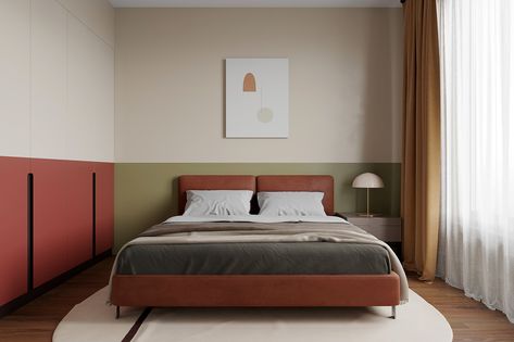 Mid Century Modern Hotel Room, Mid Century Hotel Room, Bauhaus Bedroom Interior, Bauhaus Interior Bedroom, Mid Modern Century Bedroom, Mid Century Bedroom Interior, Bedroom Midcentury Modern, Wall Decoration Ideas With Paper, Mid Century Modern Bedroom Colors