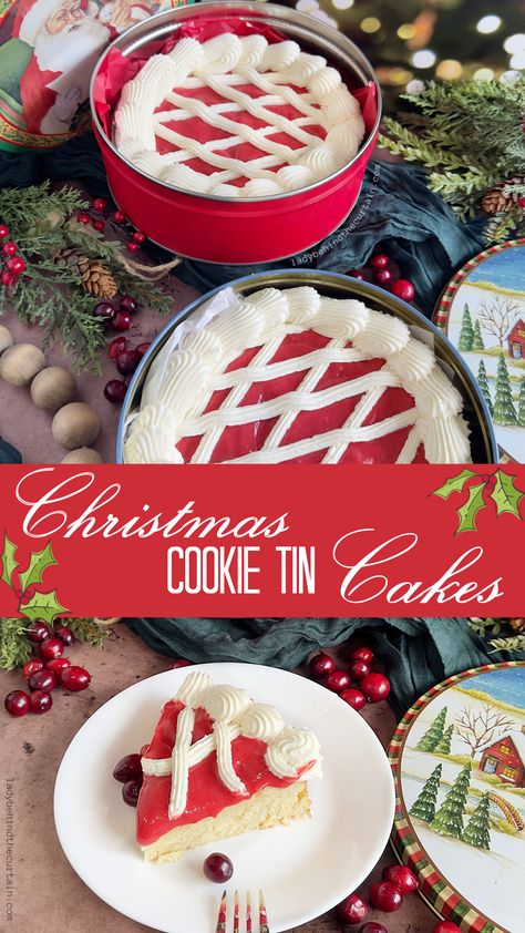 Christmas Cookie Tin Cakes Christmas Cake In Tin Can, Cookie Tin Cake, Christmas Tins Treats, Tin Cakes, Christmas Cookie Tin, Tin Cake, White Chocolate Frosting, Chocolate Cream Cheese Frosting, Cake In A Can