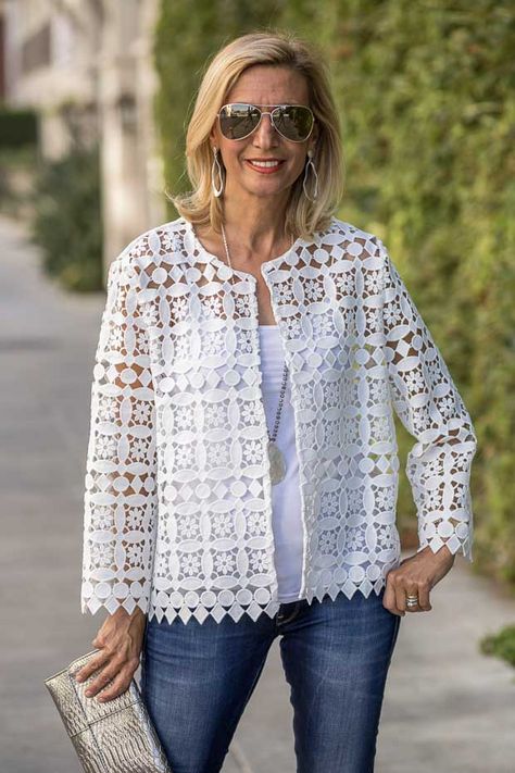 We've got the perfect summer jacket for you, our beautiful White Lace Cropped Jacket is super chic yet breathable and comfy for those hot temperatures. Use code SS15 to get 15% off with Free US Shipping Lace Jacket Outfit, White Lace Jacket, Lace Poncho, Lace Coat, Ankara Skirt And Blouse, Poncho Top, Date Night Looks, 40 Fashion, Poncho Tops