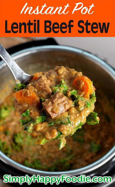 Instant Pot Lentil Beef Stew is a delicious, comforting stew that you can make in about an hour. The flavors are savory and satisfying, and the chunks of beef are very tender. This pressure cooker lentil beef stew is one of our favorite Fall soups! simplyhappyfoodie.com Lentil Beef Stew, Soup Recipes Pork, Beef Lentil Stew, Beef Lentil Soup, Pressure Cooker Lentils, Lentils Instant Pot, Simply Happy Foodie, Instant Pot Lasagna, Beef Instant Pot