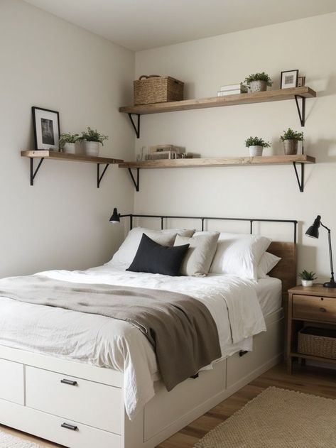 Small Double Bedroom Ideas Storage, Small Bedroom Wall Storage, Above Bed Storage Ideas, Shelves Over Bed Ideas, Minimalist Bedroom Shelves, Over Bed Shelves, Bedroom Shelves Above Bed, Bed Shelf Ideas, Storage Above Bed