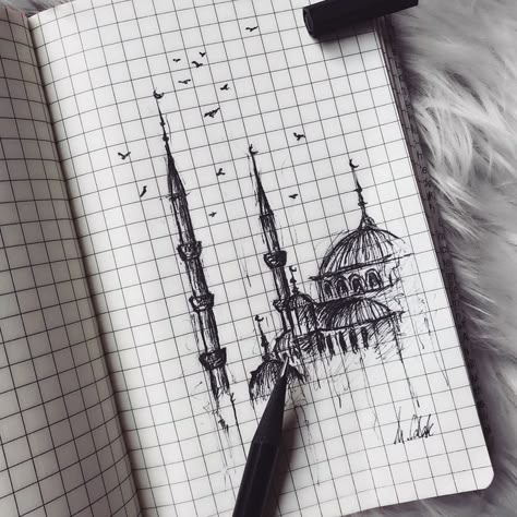 Istanbul Sketch, Drawing Istanbul, Istanbul Mosque, Istanbul Art, Architectural Presentation, Mosque Art, Islamic Art Canvas, Caligraphy Art, Architecture Drawing Art